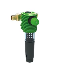 Gruenbeck Boxer-RX Rückspülfilter mit Druckminderer – grüner Zylinder mit transparentem Gehäuse und Anschluss aus Messing