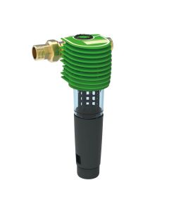 Gruenbeck Boxer-RX Rückspülfilter – grüner Zylinder mit transparentem Gehäuse und Anschluss aus Messing