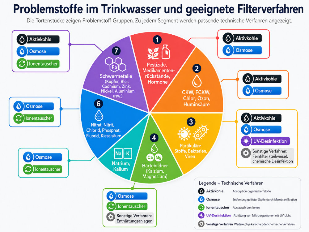 Problemstoffe im Trinkwasser und geeignete Filterverfahren, Quelle: WASSERHAUS Grafik: Problemstoffe im Trinkwasser und geeignete Filterverfahren