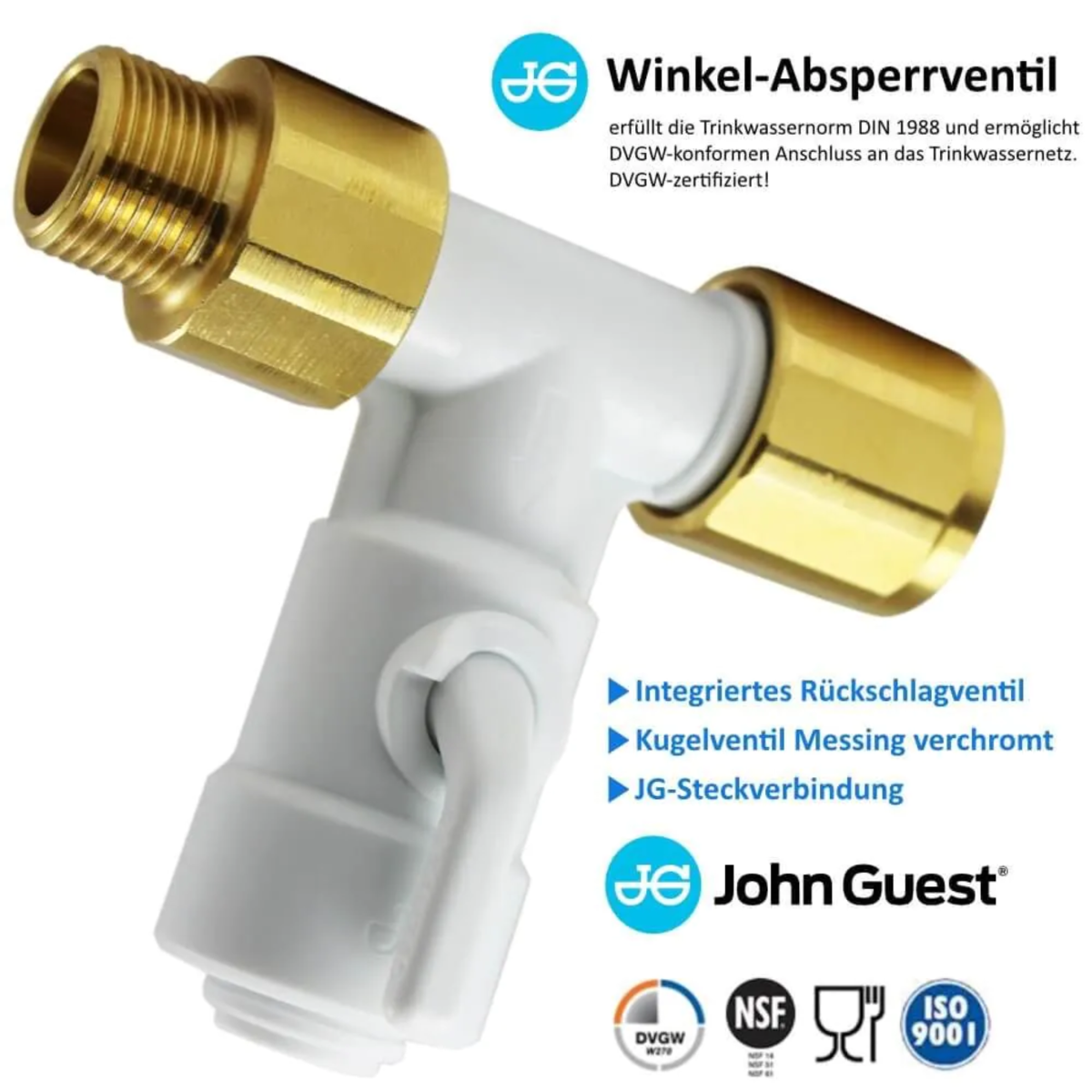 Sicher Anschluss der Fontamea an die Trinkwasserleitung dank zertifiziertem JohnGuest Winkel-Absperrventil